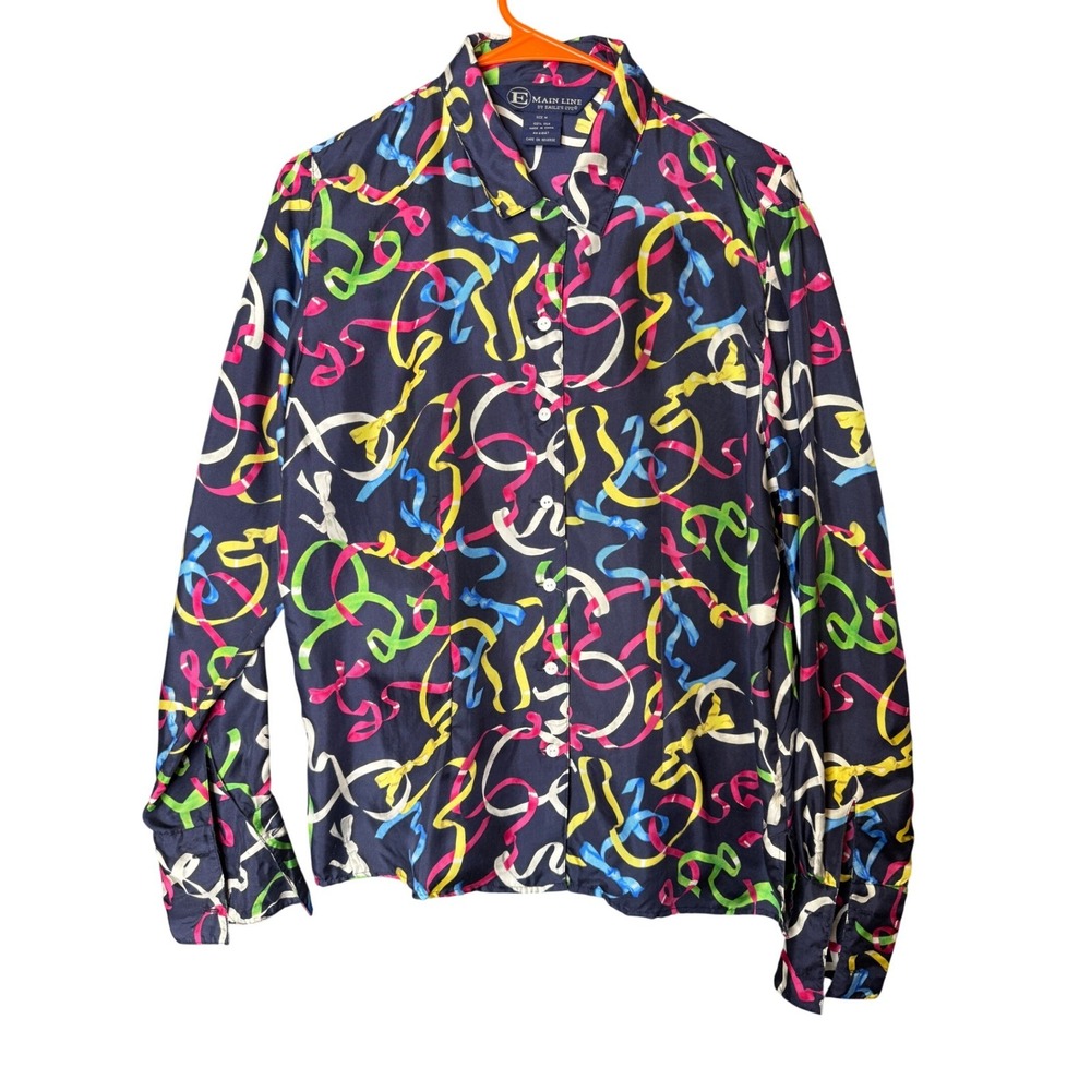 80s Eagle's Eye Silk Blouse Navy Blue Ribbon Bow Print Medium